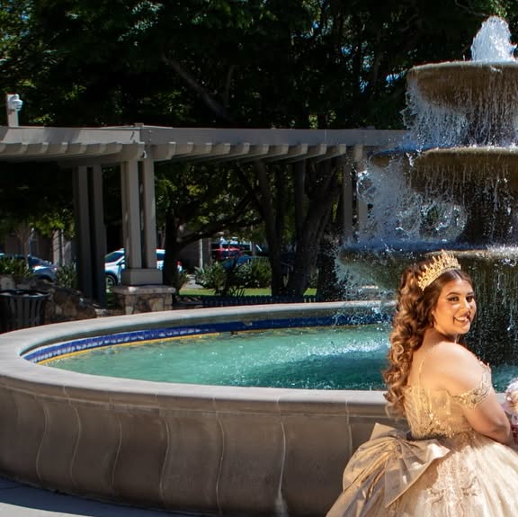 Anatra Photography — gown by fountain